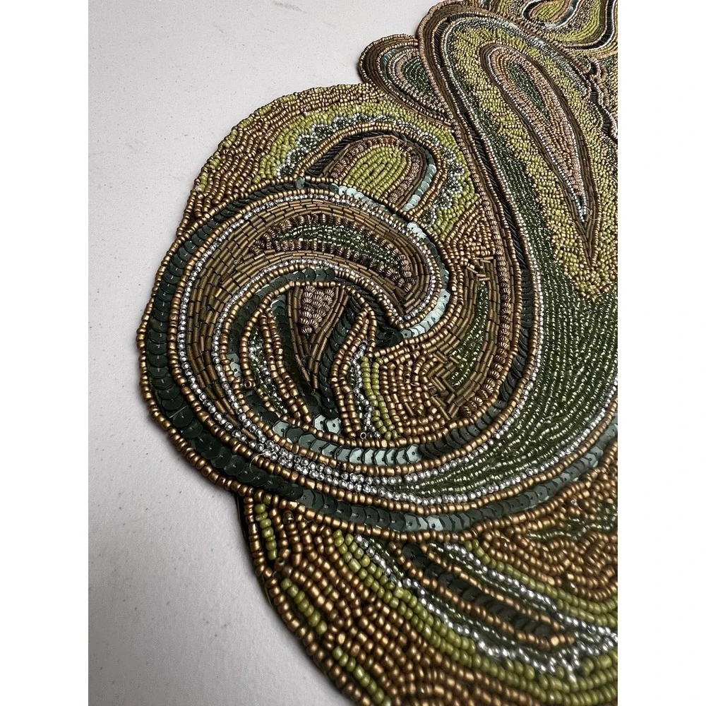 Pier 1 Imports Glass Beaded Paisley Table Runner 13x34 Green Gold India